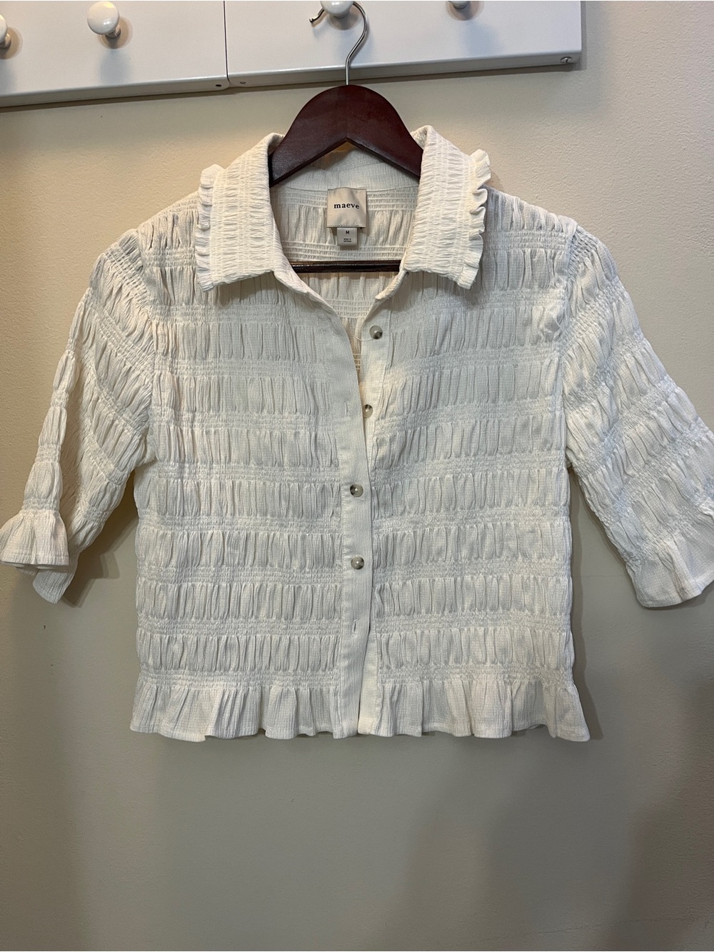 Maeve Cream Textured Ruffle-Trim Button-Down Top - Picture 2 of 4